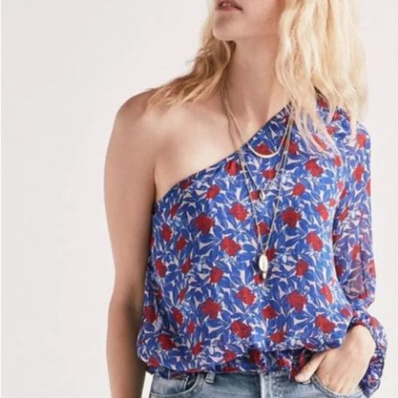Lucky Brand Floral Chiffon Blouse Sz S Smocked Waist Sheer Boho Beachy - Picture 1 of 13